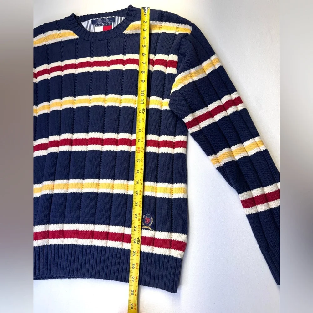 VTG Tommy Hilfiger Cable Knit navy Sweater mens sz Large 90s Y2K‎ striped rugby